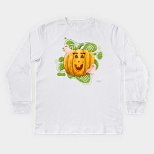 Cute Jack O Lantern Halloween Pumpkin and Ghosts Kids Long Sleeve T-Shirt